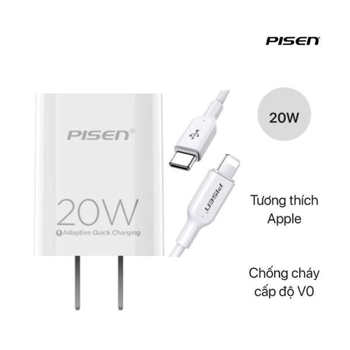 Bộ sạc nhanh Pisen 20w Type C ra iPhone (C-L) chính hãng